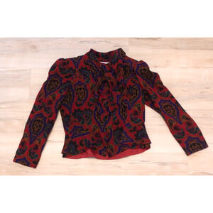 Richard Warren‎ Women 14 Jacket Top Wool Neck Tie Shoulder Pad Paisley Red VTG